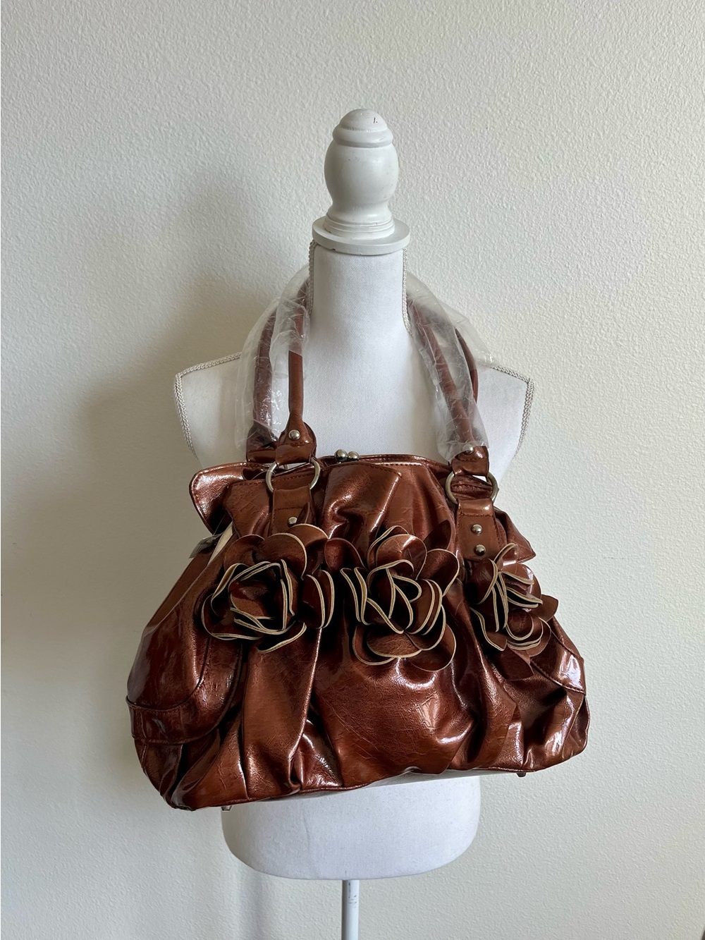 Women's Brown Floral Accent Satchel Handbag